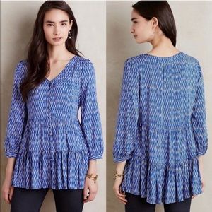 ANTHROPOLOGY Maeve Blue Lila Flowy Peasant Ruffle Peplum Lightweight Tunic XS